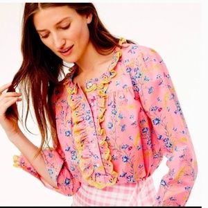J Crew NWOT Liberty Fabric Pink Wheat Bouquet Poplin Ruffle Blouse Sz M